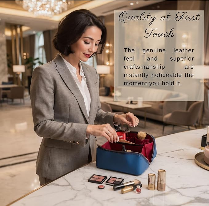 VENOULT Makeup Bag, Spacious Cosmetic Case for Women, Portable 180° Wide-Open Flat Cosmetic Bag, Travel Toiletry Organizer with Handle, Hanmdade, Full Grain Genuine Turkish Leather (Fun Blue) - Image 7