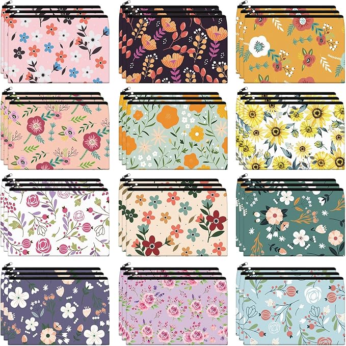 Hillban 36 Pcs Floral Makeup Bags for Women Flower Cosmetic Bag Inspirational Pencil Case with Zipper Travel Organizer Pouch for Wedding Bachelorette Party Christmas Gifts, 12 Styles by Hillban