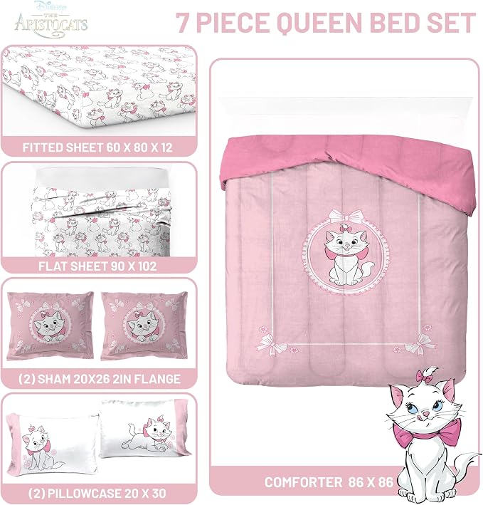 Disney Aristocats Marie Queen Comforter Set 7 Piece Kids Bedding, Pink | Bed in a Bag, Comforter Sheets Shams Pillowcases, Official Brand, Soft Microfiber, Machine Washable, Girls Gift - Image 3