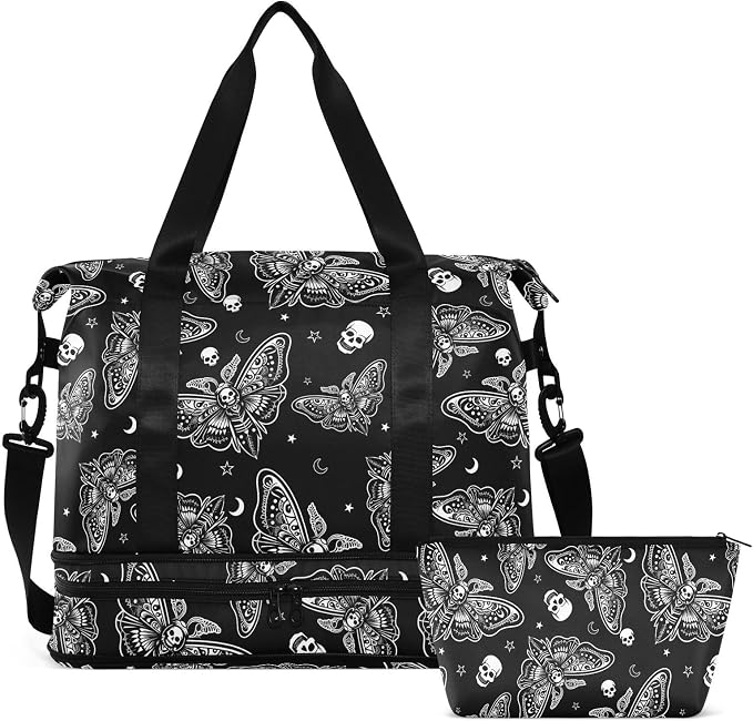 Travel Duffel Tote Bag Moth Skull Moon Esoteric Sports Duffel Bag with Wet Pocket Weekender Overnight Bag for Women Men Gym Bag, Carry On Bag Hospital Bag for Labor and Delivery by MNSRUU