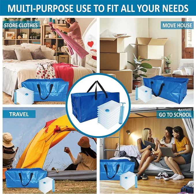 16 Pack Heavy Duty Extra Large Moving Bags with Backpack Straps & Large Vacuum Storage Bags Moving Supply Combo, Moving Totes with Handles & Zippers for Space Saving, Fold Flat, Includes Vacuum Bags - Image 7