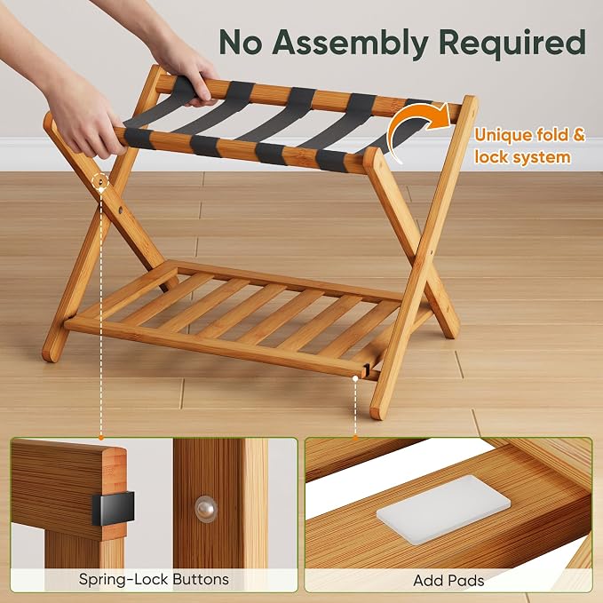 Smart FENDEE Pack of 2 Fully Assembled Bamboo Luggage Racks with Shoe Shelf, 5 Heavy-Duty Straps Folding Suitcase Stand, Luggage Holders for Guest Room Must Haves, Ideal for Bedroom, Hotel, Honey Oak - Image 3