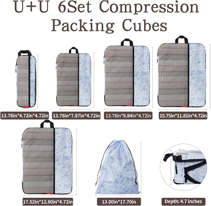 U+U 6 Set Compression Packing Cubes - Ultralight Travel Organizers with Laundry Bag, Space-Saving Suitcase Organizer for Travel, Business Trip and Family Vacation (Blue Flower) - Image 5