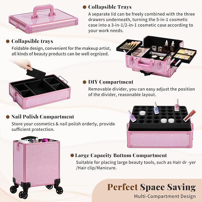 AROUS Rolling Makeup Train Case Large Storage Cosmetic Trolley 5 in 1 Large Capacity Trolley Makeup Travel Case with Key Swivel Wheels Salon Barber Case Traveling Cart Trunk, Pink - Image 6