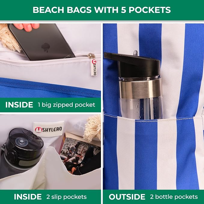 Beach Bag and Pool Bag Has Cooler Pocket, 7 Pockets Total, Zip Top. Family Size Waterproof Beach Tote - Image 5