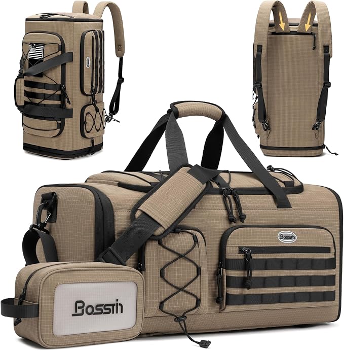 Bosstin Gym Bag for Men & Women,45L Travel Duffle Sports Duffel Bag Gym Weekender Overnight Backpack with Shoe Compartment (KHAKI CHECKERED) by BOSSTIN