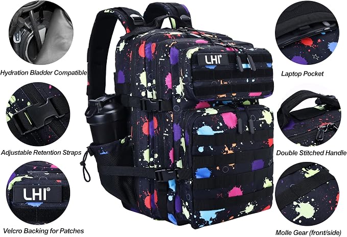 LHI Military Tactical Backpack for Men and Women 45L Army 3 Days Assault Pack Bag Large Rucksack with Molle System - Fluorescent Tie Dye - Image 5