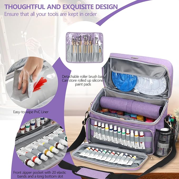 Art Supplies Organizer Storage Bag with Detachable Paint Brush Holder & Partition - Carrying Case for Home/Travel/Outdoor Fits Marks, Acrylic Paint, Palettes, Folding Buckets, Portfolios (Pro Purple) - Image 4