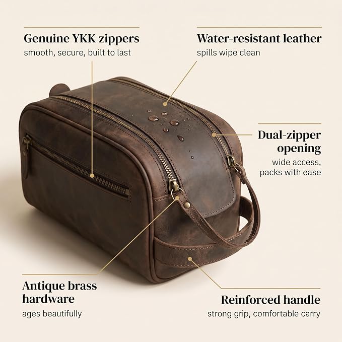 LEATHER VILLAGE Genuine Leather Toiletry Travel Bag With Waterproof Lining - Brown | King-Size Handcrafted Vintage Dopp Kit Bag, Shaving & Bathroom Organizer, Gift for Men & Women - Image 2