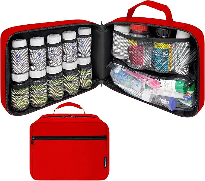 Large Pill Bottle Organizer & Medicine Bag for Travel, Red | Prescription bottle organizer with 10 bottle pockets and padded storage for medication bottles, supplements, vitamins by StarPlus2