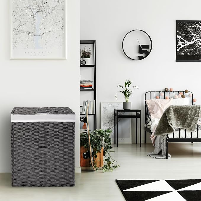 Seville Classics Premium Handwoven Portable Laundry Bin Basket with Carrying Handles, Household Storage for Clothes, Linens, Sheets, Black, Rectangular Hamper - Image 4