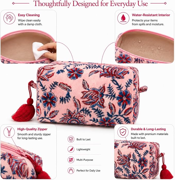 Huar Travel Makeup Bag- Large Capacity Cosmetic Bags for Women - Water Resistance Lining Portable Pouch & Open Toiletry Bag - Perfect Girls Makeup Organizer for Travel Essentials (Velvet Rose) - Image 3