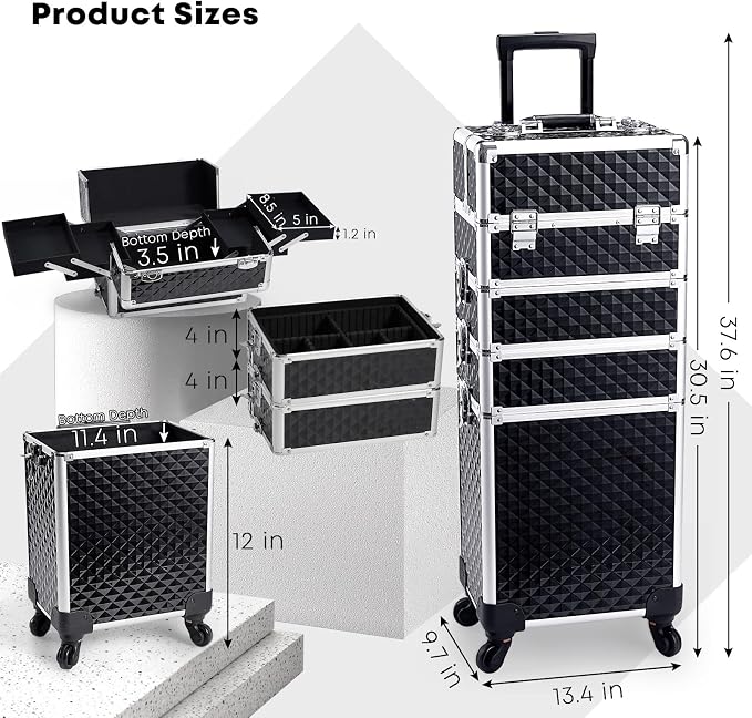 Faquenc Rolling Makeup Case with Wheels Professional 4 in 1 Cosmetic Train Case and Cosmetology Cart Trunk for Makeup Artists Hairstylists Nail Techs and Salons Large Storage Capacity, Black - Image 6