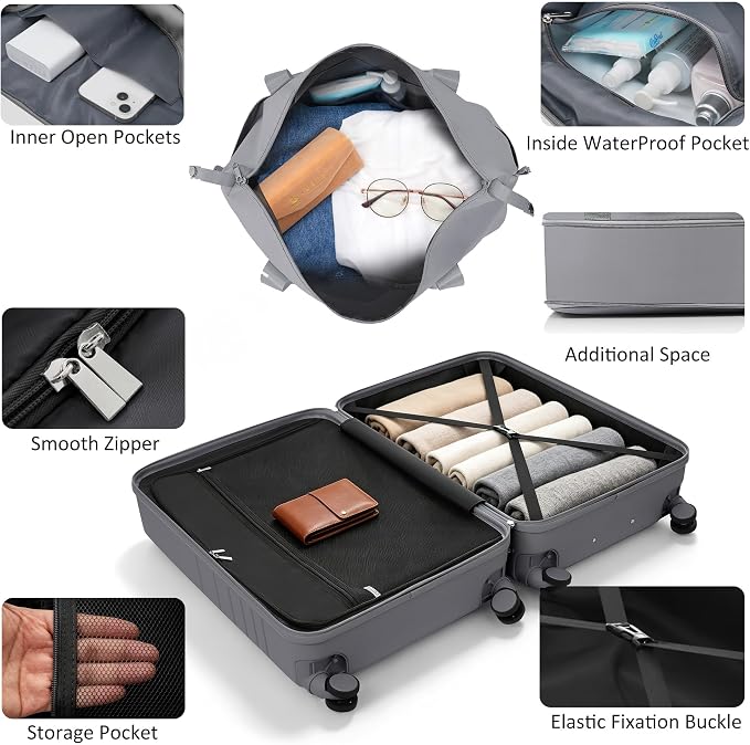 4-Piece Luggage Set, Suitcase with TSA Lock Travel Duffel Bag Wet-Dry Toiletry Bag, Grey Front-Opening - Image 4