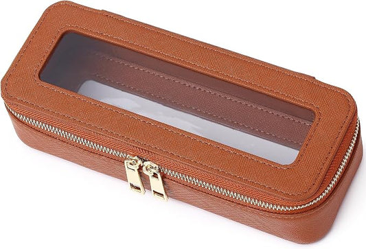 Pinkmik Makeup Brush Case, Brown, Slim | Clear Travel Cosmetic & Toiletry Bag, Small with Zipper, Purse Organizer, Car Essential Bag for Women by Pinkmik