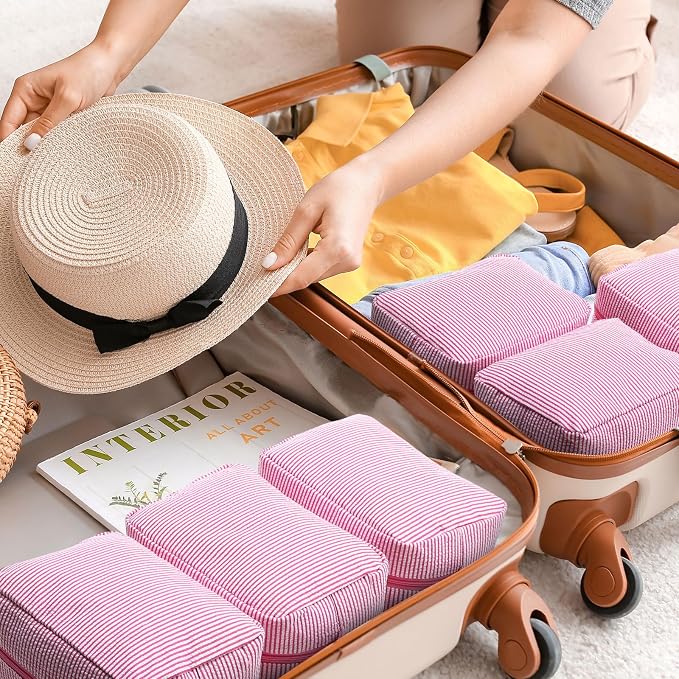 Sanwuta 9 Seersucker Cosmetic Bag Bulk Striped Makeup Bag for Women Aesthetic Cute Travel Toiletry Organizer Preppy Storage Pouch for Wedding Bridesmaid Mother's Day Teacher Gift (Large,Pink) - Image 5