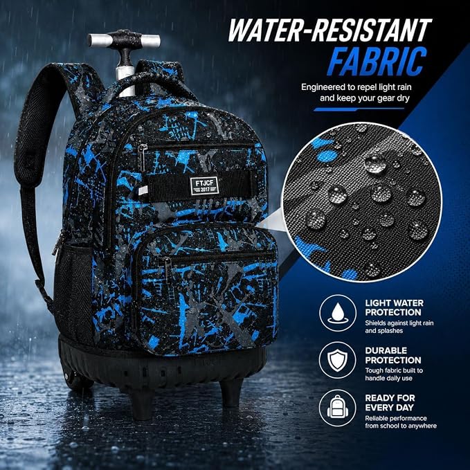 3Pcs Rolling Backpack for Boys, Men Roller Bag with Wheels for Adults, 19 Inche Graffiti Wheeled Bookbag with Lunch Box(Blue) - Image 3