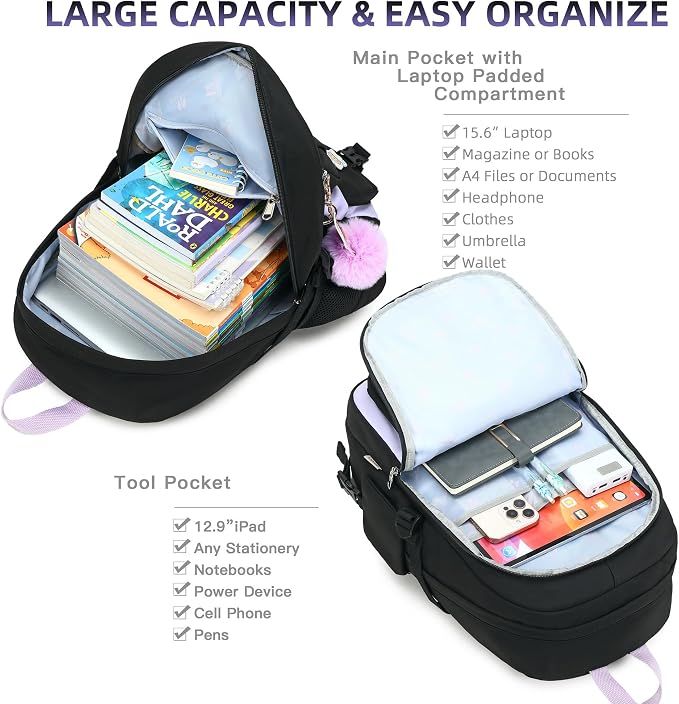 LXYGD Laptop Backpacks 16 Inch School Bag College Backpack 3 PCS with Lunch Box Pencil Pouch Set Large Travel Daypack Kawaii Bookbags for Teens Girls Women Students (Black Purple) - Image 2