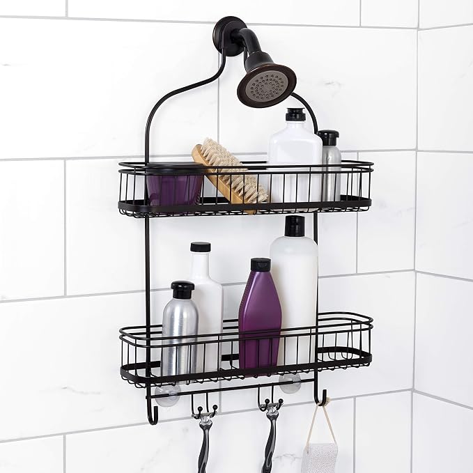 Zenna Home Shower Caddy Hanging Bathroom Organizer, Steel Shower Rack with 2 Extra Wide Shelves and Built in Hooks, Rust-Resistant Over Shower Head Caddy Storage System, Bronze - Image 2