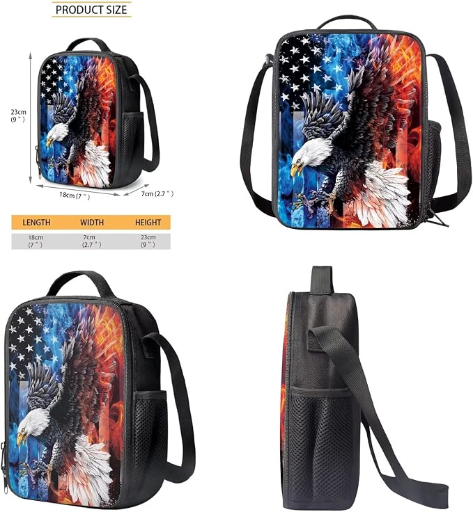 Fire and Ice Eagle American Flag Print 3Pcs School Bag Backpack Set for Teen Girl, 4th of July Kids Bookbag Durable Lightweight Knapsack with Lunch Box Pencil Case, Large School Bookbag Set - Image 6