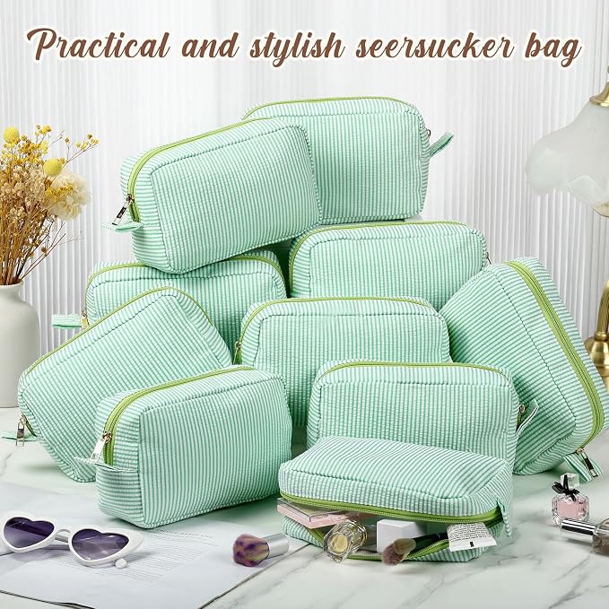 Sanwuta 10 Pcs Seersucker Cosmetic Bag Seersucker Makeup Bag Women Stripe Large Travel Toiletry Organizer Preppy Storage Pouch for Embroidery Wedding Bridesmaid Bride Mom (Green) - Image 4