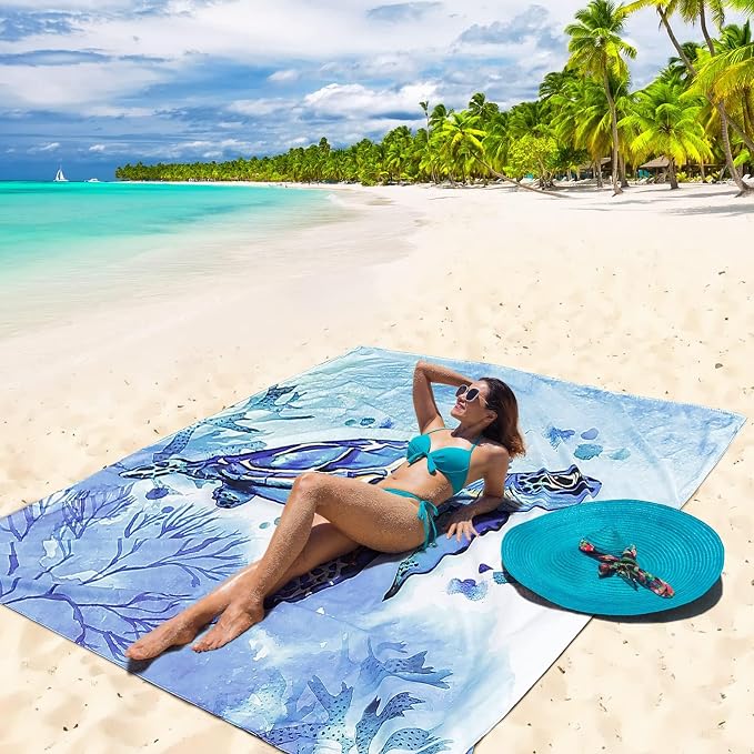 HIHOHO Beach Blanket Waterproof Sandproof Beach Mat 79”x 108” for 1-8 Adults Quick Drying Durable Outdoor Picnic Mat for Beach Festival Travel Camping Hiking (Seaturtle-Medium, 79"×108"(6 Person)) - Image 2