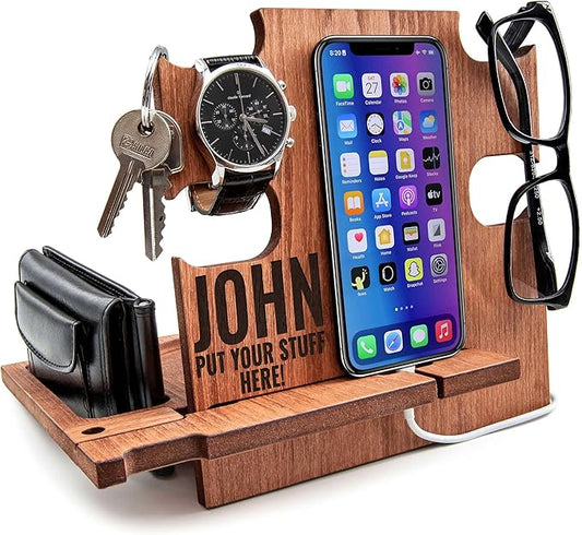 Greta Oto Gifts for Men, Personalized Wood Phone Docking Station for Men,Nightstand Organizer for Him, Phone Stand, Best Personalized Gift idea for Anniversary,Birthday,Graduation
