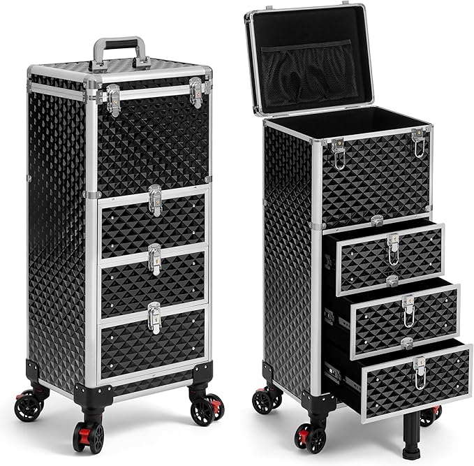 Rolling Makeup Train Case with 3 Drawers, Nail Trolley Cart Salon Station Cosmetology Case on Wheels Organizer Cases for Nail Tech,SPA,Face Painting,Hairstylist,Makeup Artist (Silver & Black) by Unknown