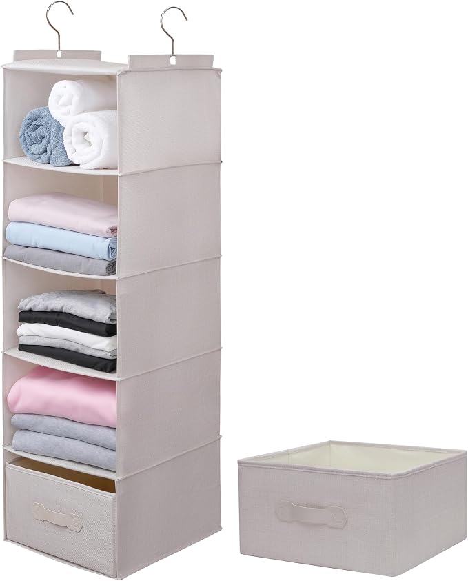 Large Hanging Sweater Organizer for Closet,Collapsible 6-Shelf Hanging Closet Shelves with Drawers, Washable (Beige -5 Shelf-1 d) by Unknown
