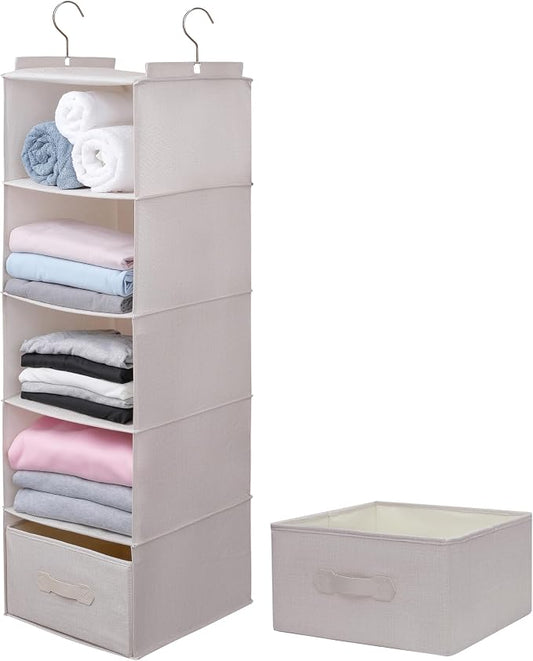 Large Hanging Sweater Organizer for Closet,Collapsible 6-Shelf Hanging Closet Shelves with Drawers, Washable (Beige -5 Shelf-1 d) by Unknown