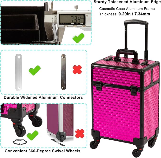 Arous Rolling Train Makeup Case Cosmetology Case on Wheels, Rose Red | Cosmetic Travel Trolley 4 Tray with Sliding Rail Removable Middle Layer with Key Salon Barber Case Traveling Cart Trunk - Image 6