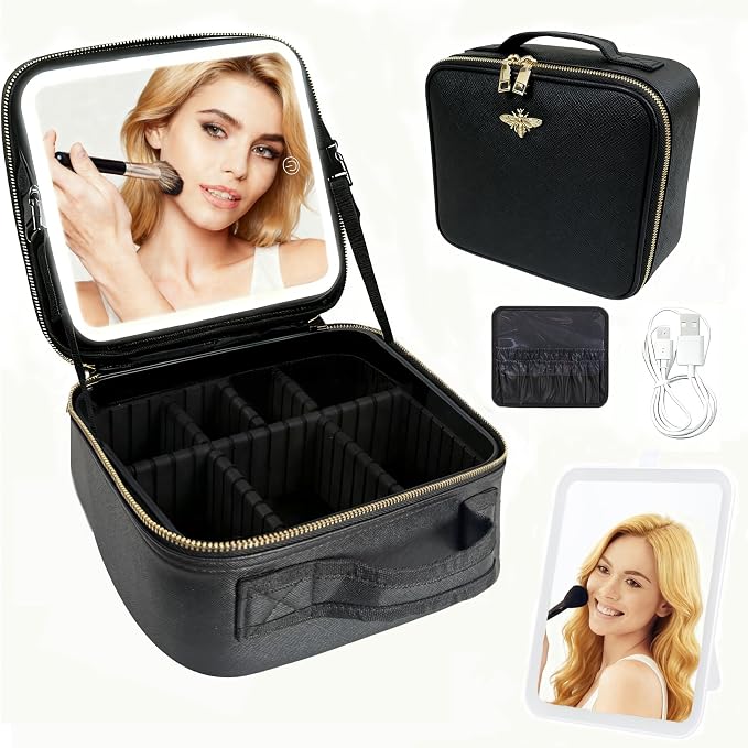 Travel Makeup Bag with Light Up Mirror, Portable Makeup Bag with Led Light Women Waterproof Makeup Travel Case adjustable dividers Rechargeable Vanity Mirror with 3 Color Lights (NO Shoulder Strap) by Unknown