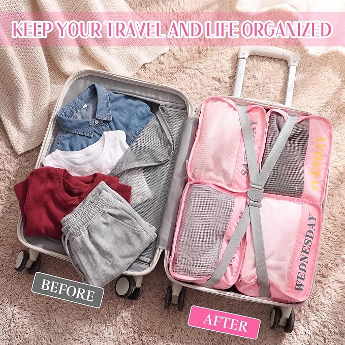 Days of Week Packing Cubes Summer Camp Essentials Weekly Organizer Storage Bag School Clothes for Travel Kids Family(9x7x3inch,Pink,15) - Image 4