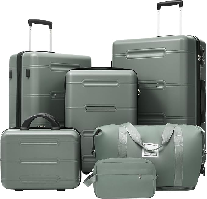6 Pcs ABS Hardshell Luggage Set Spinner Wheel Suitcase Suitcase Army Green by Merax