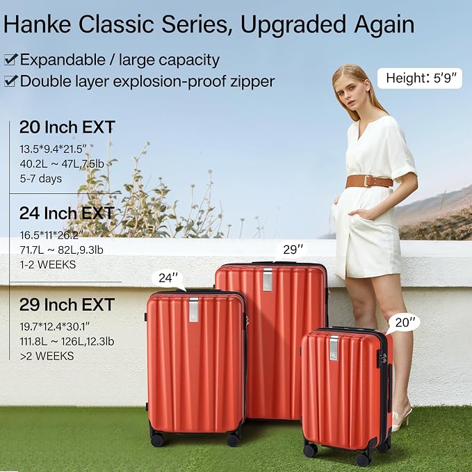 Hanke Expandable Hard Shell Luggage Sets 2 piece Carry on Luggage with Wheels Suitcases Lightweight Checked TSA Luggage Rolling Large Suitcase Travel Luggage Bag Woman Men 20/29 Inch(Orange) - Image 2