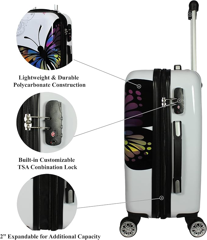 World Traveler Butterfly 20-Inch Carry-On Polycarbonage Hardside Expandable Spinner Luggage with Enhanced Wheel System - Image 5