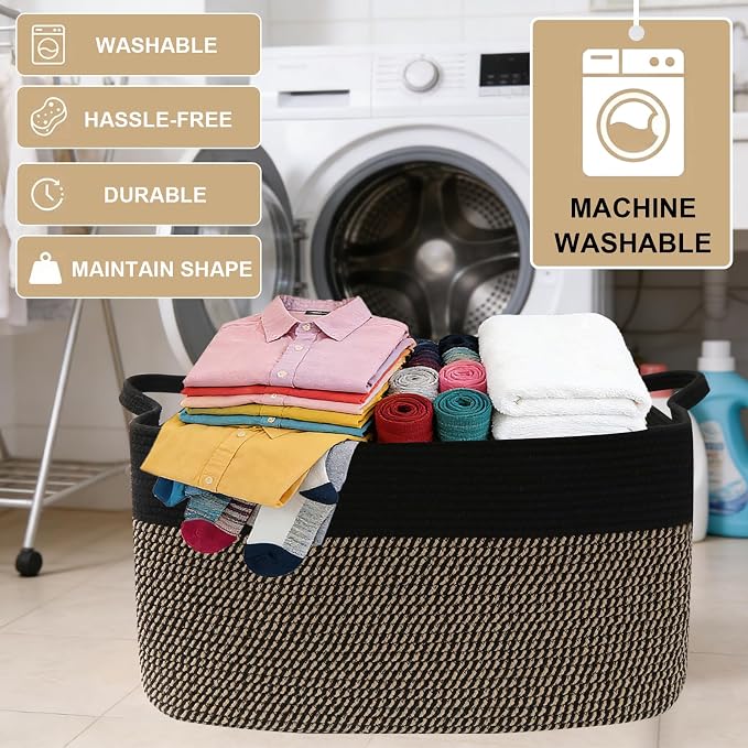 65L Collapsible Woven Rope Laundry Basket with Handles,Black/Jute | 21x16x12 Foldable Rectangular Blanket Basket for Toys, Clothes & Pillows,Ideal for Nursery, Bathroom, Bedroom, Living Room - Image 7