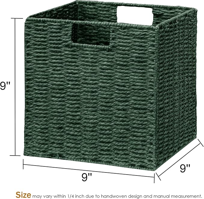 Vagusicc Wicker Storage Basket, Set of 2 Hand-Woven Paper Rope Wicker Basket, Foldable Cube Storage Bins, 9 inch Square Storage Baskets for Organizing Shelves & Decor, Green (9″×9″×9″) - Image 2
