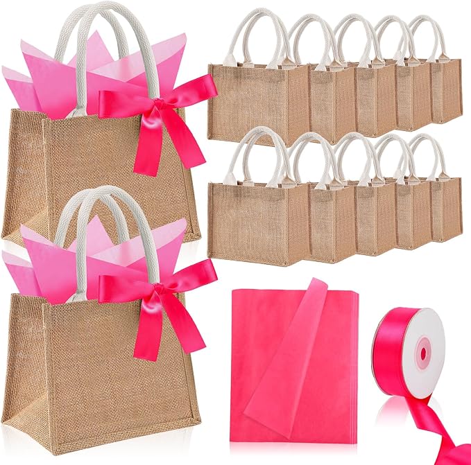 Shinylin 12 Pack Burlap Tote Bags Bulk with Handles Small Wedding Jute Bag with Rose Red Tissue Paper & Ribbon, Reusable Party Favor Welcome Bags for Bridesmaid Proposal Bridal Shower Galentine's Day by Shinylin