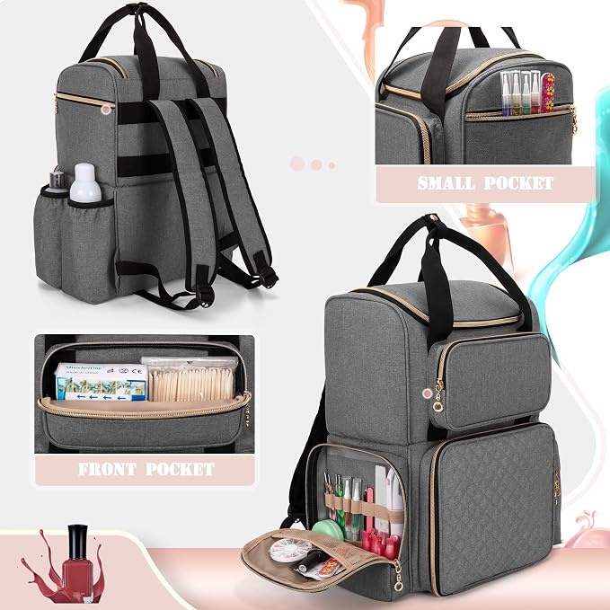 LUXJA Nail Polish Organizer Backpack Holds 70 Bottles and a UV Lamp | Travel Nail Bag with 2 Removable Cases, Ample Tools Storage Pockets, Adjustable Shoulder Straps, Trolley Sleeve, Gray - Image 4