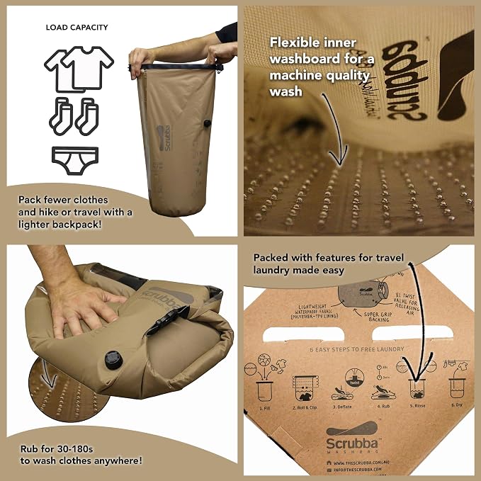 Scrubba Tactical Wash Bag & Dry Kit - Portable Washing Machine System with XL Towel, Pegless Clothesline & Hangers - Lightweight Travel Essentials Laundry Kit for Camping, Hiking, RV, Hotels - Image 5
