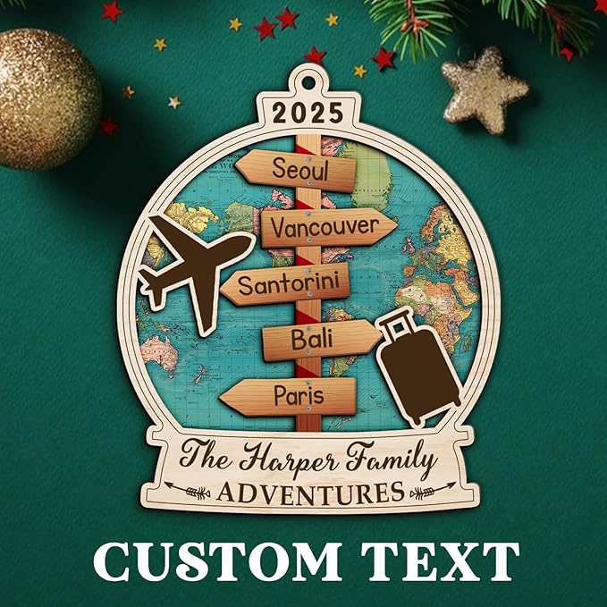 Custom Travel Adventure Ornament, Personalized Travel Adventures Ornament 2025, 2-Layered World Traveler Ornaments, Traveling Destination Christmas Ornaments, Family Travel Gift