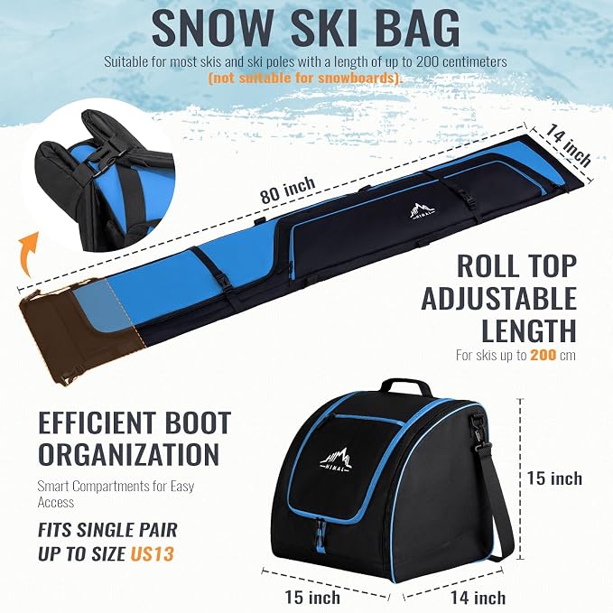 GoHimal Ski Bag & Boot Bag Combo, Padded Ski Carrier | Fits Skis Up to 200CM, Fits Boots Up to US13, Safety Reinforced, Water-Resistant, Ski Travel Bag - Image 2