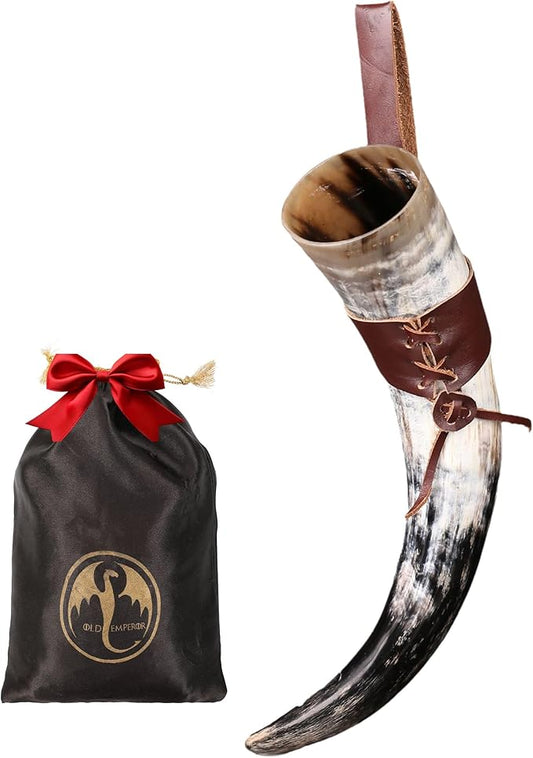 OLDEMPEROR Viking Drinking Horn - 12 Inch with Leather Holster | Handmade Beer Cup | Food Grade | Genuine Ox Horn | Natural Shine Finish | LARP | Viking Chirstmas Gifts for Men & Women