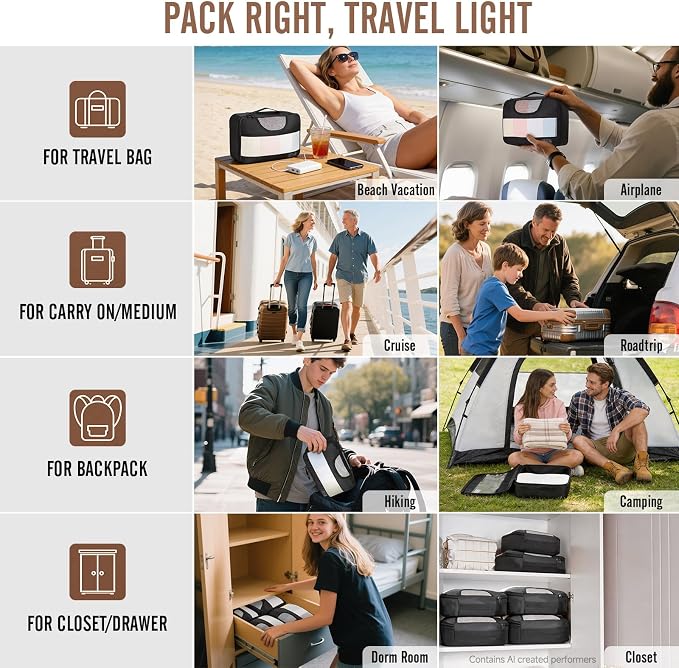Veken 11 Set Packing Cubes for Travel,Anti-Wrinkle Buckled Suitcase Organizer with Shoe,Toiletry,Makeup Bag,Carry On Luggage Bag with 99+ Count Mesh Holes for Airplane & College Dorm Essentials - Image 8