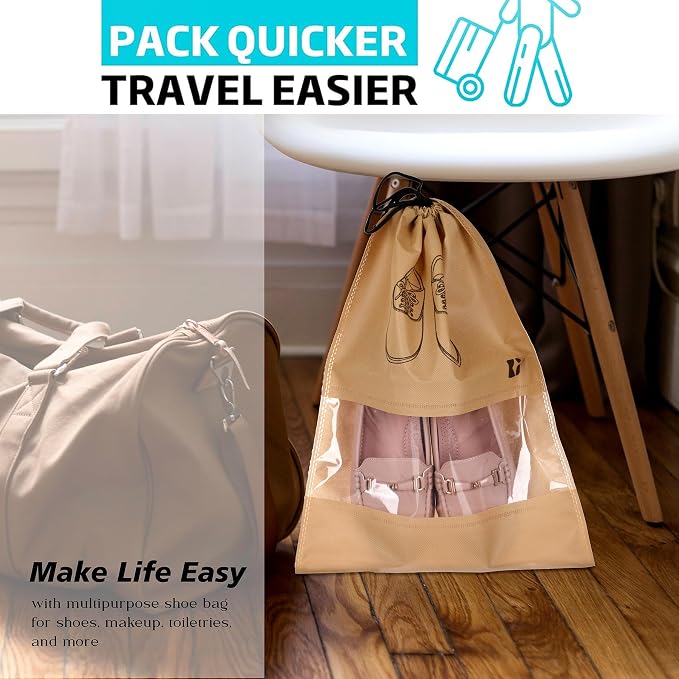 Kuber Industries Pack of 10 Shoe Bags | Shoe Bags for Travel | Non-Woven Shoe Storage Bags | Storage Organizers Set | Shoe Cover with Transparent Window | Shoe Dori Cover | Beige - Image 6