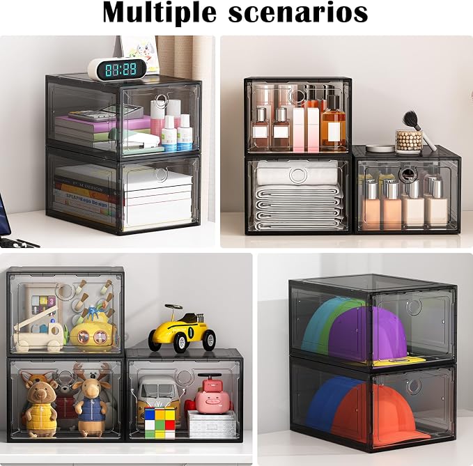 ARSTPEOE 6-Pack Black Shoe Storage Boxes Magnetic Stackable | Upgraded Harder Material, Stackable Space-saving, Fits Sneakers & Boots, Clear Magnetic Front Door - Image 5