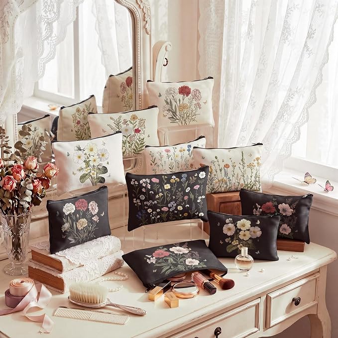 Sweetude 12 Pcs Black Flower Makeup Bags Bulk Portable Wildflower Travel Cosmetic Bags with Zipper Floral Waterproof Roomy Travel Toiletry Organizer Storage Beauty Pouch for Women Wedding Gifts - Image 2