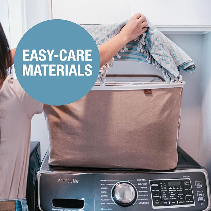 CleverMade Collapsible Laundry Basket LUXE 2 Pack – 60 L (16 Gal) Foldable Cotton Blend Clothes Hamper with Vegan Leather Accents, Reinforced Handles, Space Saving Laundry Bin Holds 55 lbs - Navy - Image 5