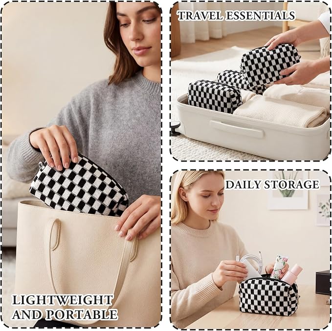 Gilprop 8 Pcs Checkered Makeup Bag for Purse Small Cosmetic Pouch Bulk Portable Zipper Makeup Pouch Travel Toiletry Organizer Gifts for Women Bridesmaid Wedding Party Favors (Black) - Image 6